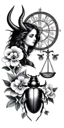 Capricorn and Libra symbols, scales, pansy flower, butterfly, astrology wheel, woman with horns, beetle, hydrangeas tattoo design idea