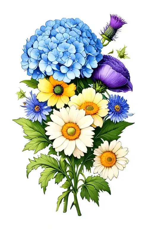 blue hydrangeas, lavender, cornflower, thistle, Celtic knot, Tudor rose, common daisy, Marguerite daisy, poppy, daffodil tattoo design idea