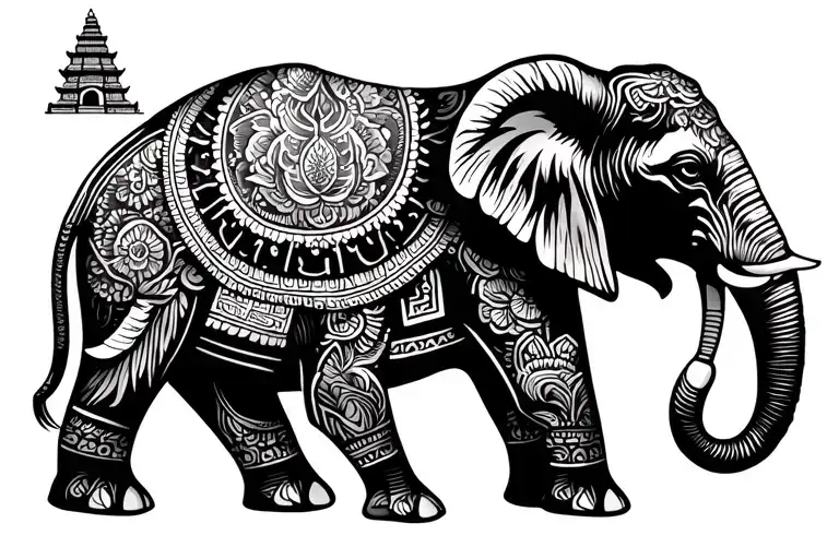 basic thai elephant with temple silhouette  tattoo design idea