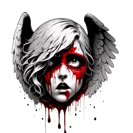 Angel Crying Blood (Left Side Neck)	•	Marble angel face, one eye cracked open	•	Blood dripping down from the eye, like tattoo design idea