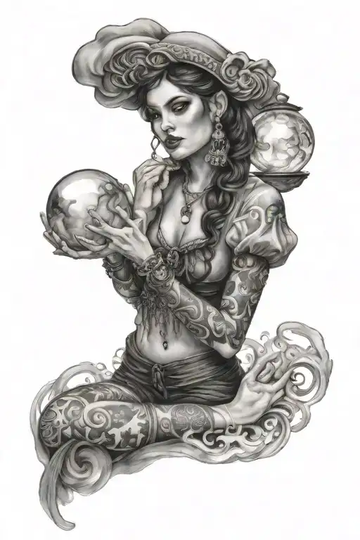 gypsy woman holding crystal ball surrounded by smoke clouds tattoo design idea