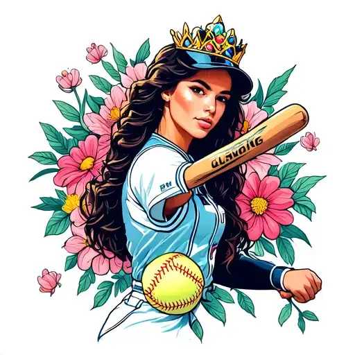 Portrait of a softball player as a princess with dancing flowers around her tattoo design idea