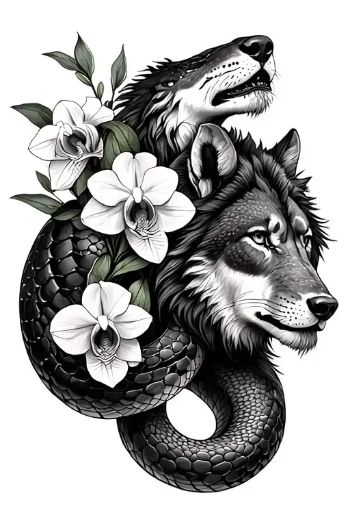 big snake, lion, wolf, orchids, overthinker tattoo design idea