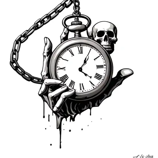 pocket watch with broken chain skeleton hand reaching out of grave background gravyard 3 skulls see no evil speak no evi tattoo design idea