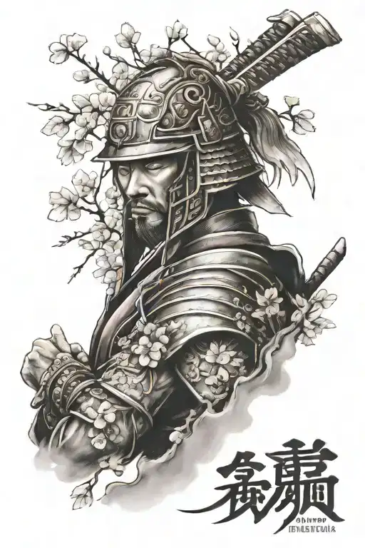 cherry blossom, samurai warrior, temple tattoo design idea