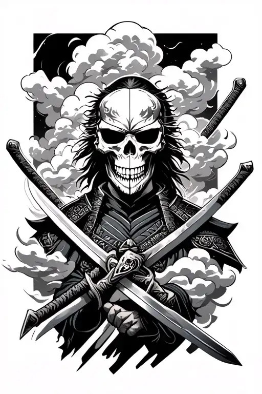 samurai in skull mask with swords with filler clouds in background surrounding him tattoo design idea