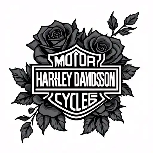 a black and grey Harley Davidson logo with softly shaded black and grey roses around it tattoo design idea