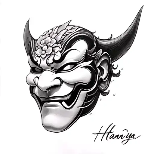 Black and white pencil sketch of a Hannya mask in realistic fine art style, with smooth shading and clean lines tattoo design idea
