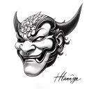Black and white pencil sketch of a Hannya mask in realistic fine art style, with smooth shading and clean lines tattoo design idea