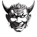 Black and white pencil sketch of a Hannya mask in realistic fine art style, with smooth shading and clean lines tattoo design idea