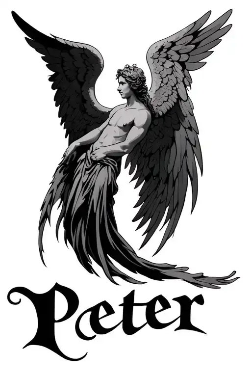 the name Peter with angel wings on each side  tattoo design idea