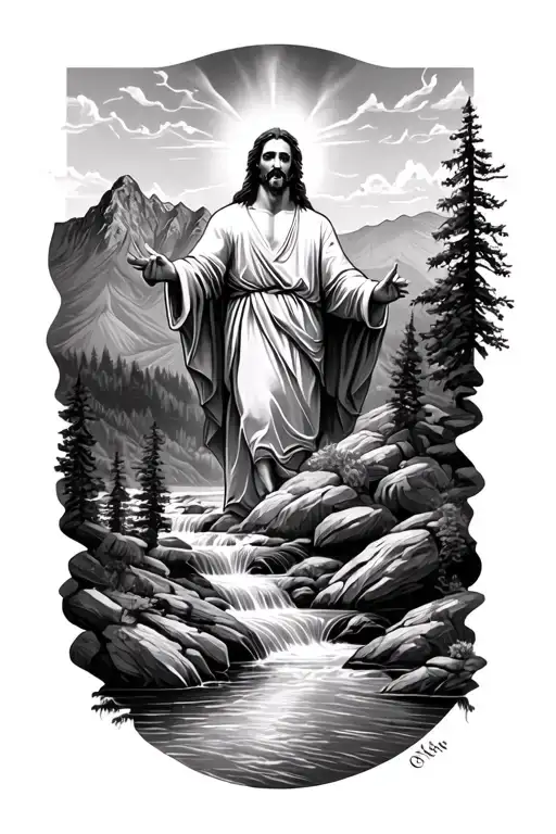 mountin with river and jesus christ tattoo design idea