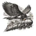 b52 plane flying, train engine traveling below, eagle soaring above, surrounded by mountains  tattoo design idea