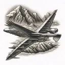 b52 plane flying, train engine traveling below, eagle soaring above, surrounded by mountains  tattoo design idea