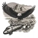 b52 plane flying, train engine traveling below, eagle soaring above, surrounded by mountains  tattoo design idea