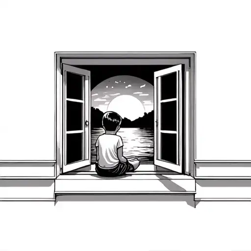 a child sitting and looking out a modern window looking at a sunset tattoo design idea