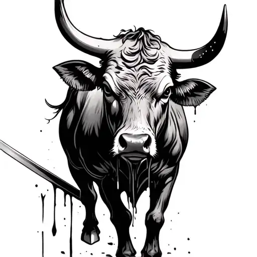 bull that is bleeding from injury that was made by the matadors sword that is still in him but he is still fighting tattoo design idea