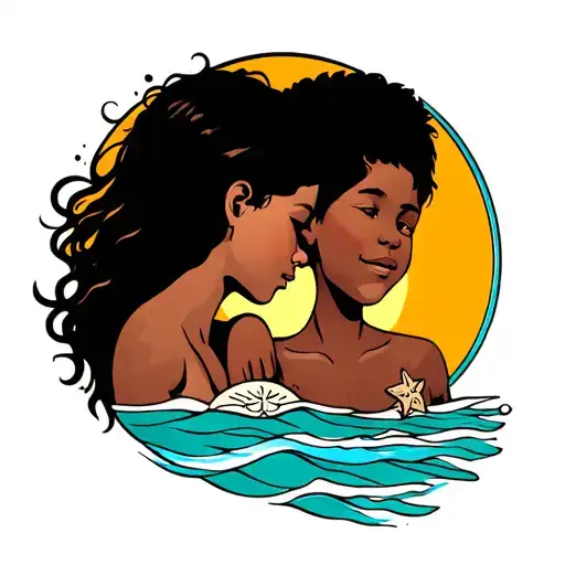 mother and two sons symbol with ocean beach theme and sand dollar tattoo design idea