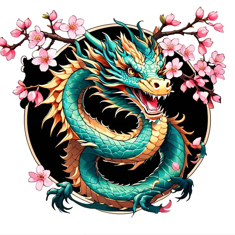 Cherry Blossom branch with transparent dragon wrapped tattoo design idea