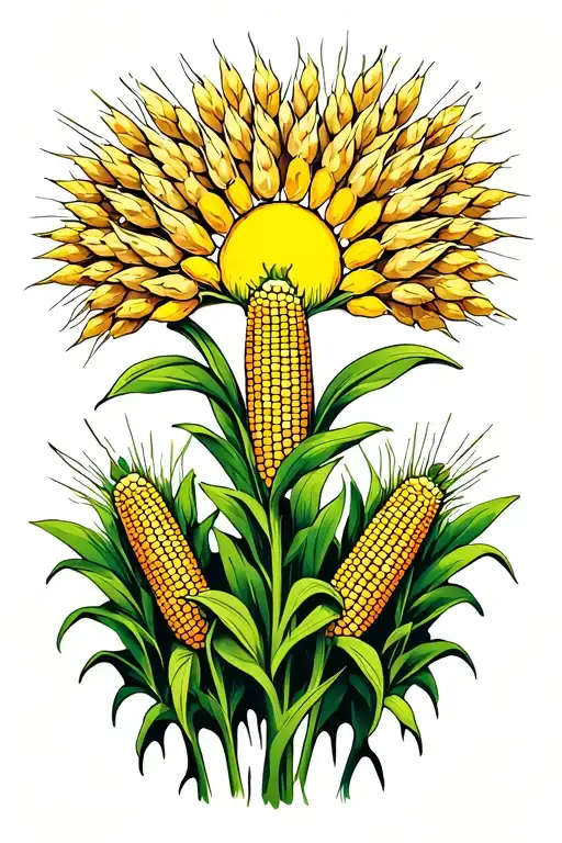 Walnut tree, wheat, sun flower, grean corn field tattoo design idea