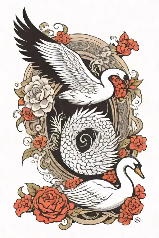 one swan with wings open and the other one swiming. Alot of ornamental style details around the swans black and white tattoo design idea