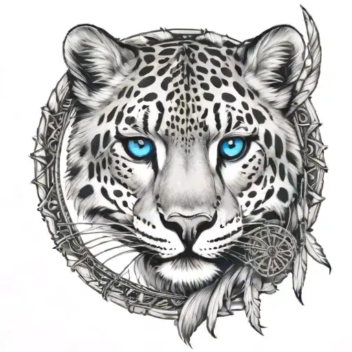 blue eyed snow leopard in dream catcher entangled tattoo design idea