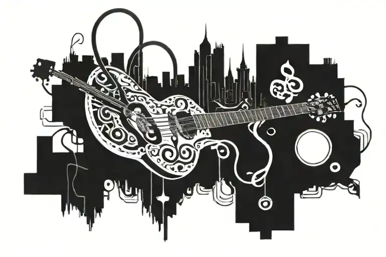 An intricate guitar design intertwined with musical notes and a stethoscope, symbolizing the client's passion for music and their occupation as a nurse tattoo design idea