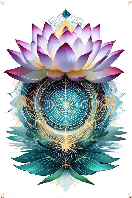 Lotus flower intertwined with sacred geometry and cosmic patterns tattoo design idea