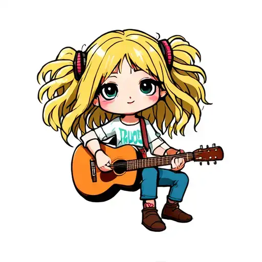 blonde chibi girl with messy hair playing acoustic guitar tattoo design idea