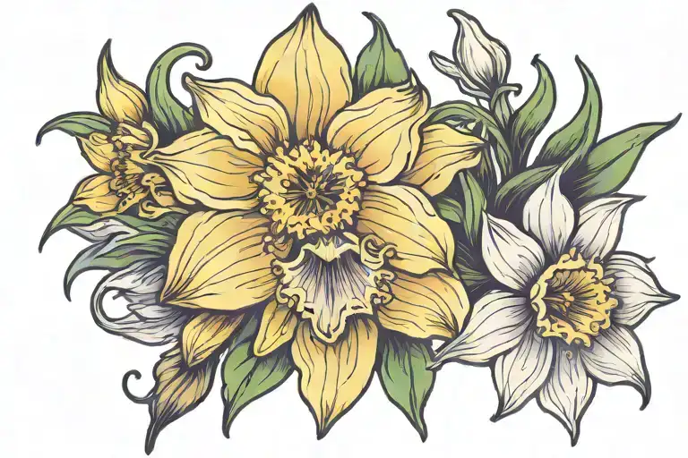daffodil, Daisy, violet flower intertwined tattoo design idea