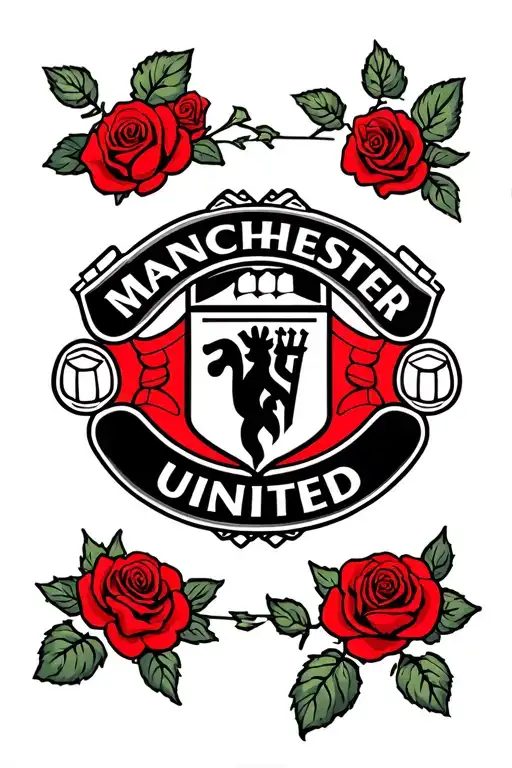 black and white Manchester United Badge surrounded by red roses wrapped tattoo design idea