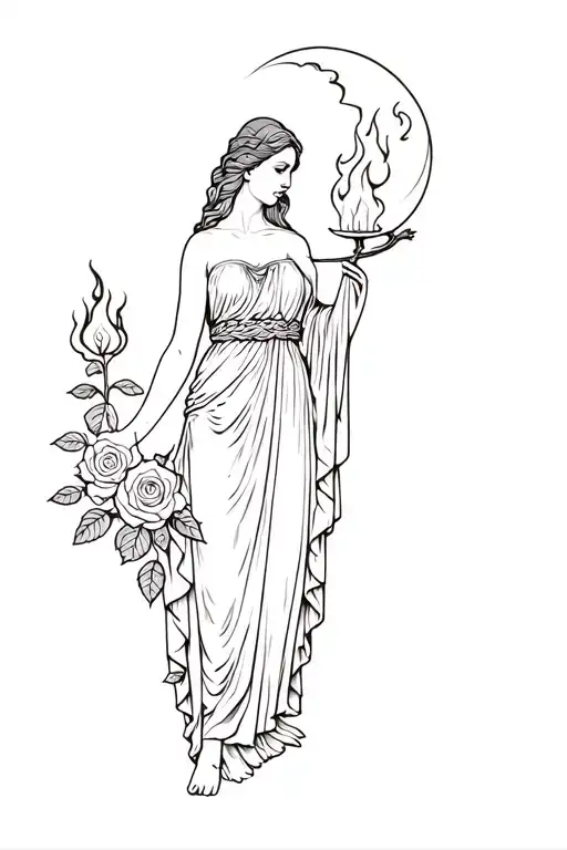 Greek Goddess hestia with fire and the moon and roses, minimalist tattoo design idea