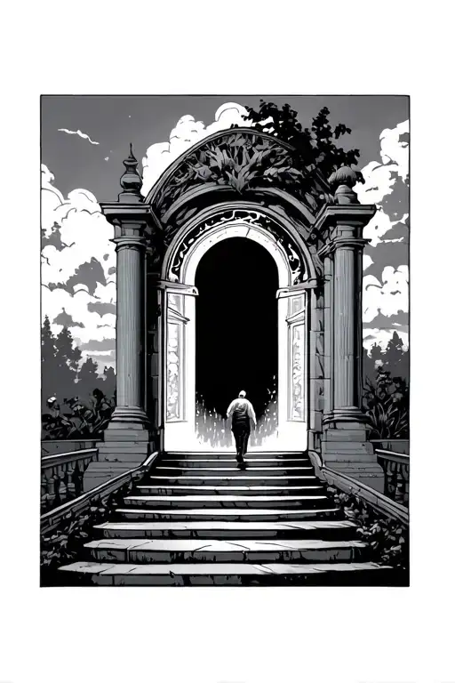 stair way to heaven gates someone walking and opening tattoo design idea