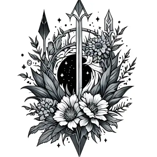 full sleeve with norse inspired feel containing arrows, stars and wild flowers tattoo design idea
