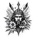 full sleeve with norse inspired feel containing arrows, stars and wild flowers tattoo design idea