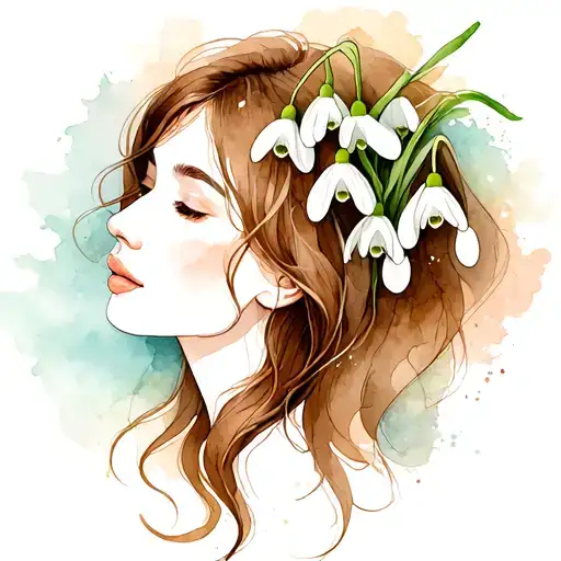 woman with long brown hair and open snowdrop flower on the head tattoo design idea