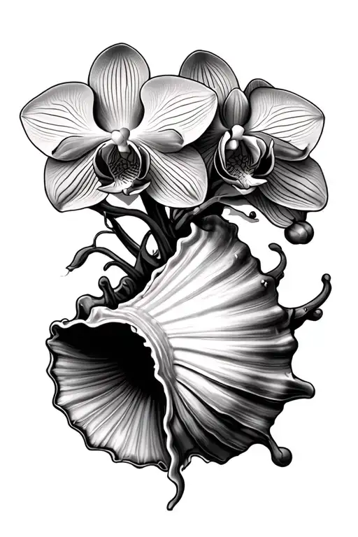 Orchids coming out of conch sea shell tattoo design idea