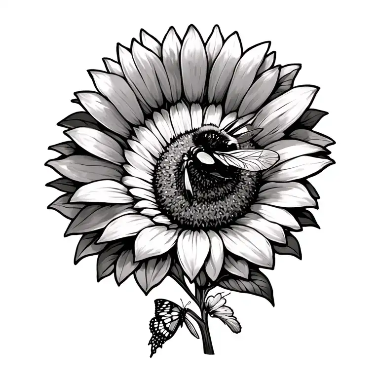 sunflower with bumblebee &  butterfly tattoo design idea