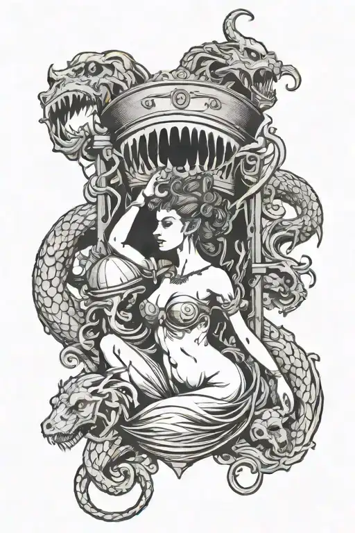 scylla with woman body and six heads destroying a boat tattoo design idea