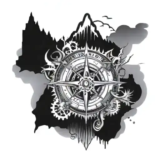 compass rose, with mount everest on north, with a bike cassette tattoo design idea