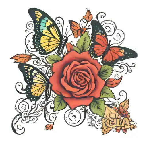 Roses with butterflys flying with the name "Keyla" tattoo design idea