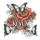 Roses with butterflys flying with the name "Keyla" tattoo design idea
