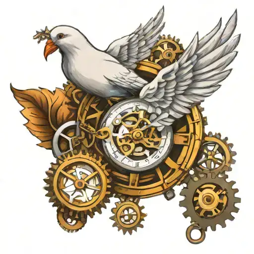 white dove and pocket watch surrounded by gears tattoo design idea