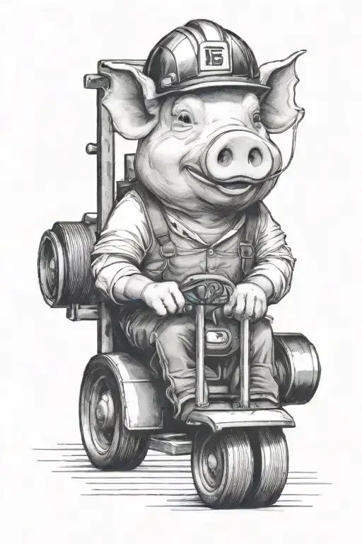 pig with a hard hat driving a forklift, on the forklift "Les Petites" IS written tattoo design idea