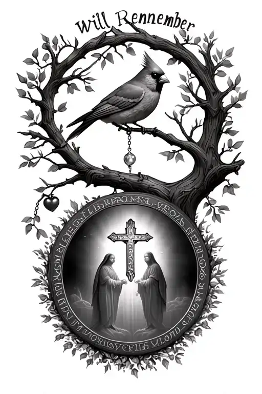 cardinal, rosary, tree of life you will remember my mom tattoo design idea