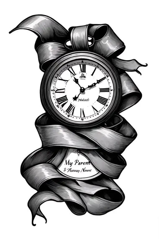 Clock with a ribbon wrapping arounnd it with my parents name on it tattoo design idea