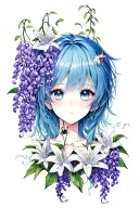 blue hair silver eyes with spider lilys and wisteria tattoo design idea