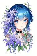 blue hair silver eyes with spider lilys and wisteria tattoo design idea