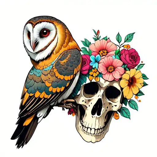 floral boho chic barn owl perched on skull tattoo design idea