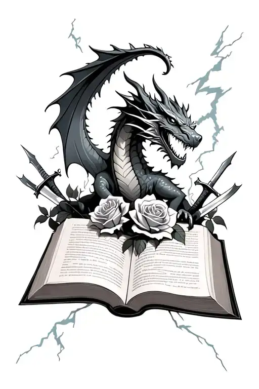 open book with a dragon surrounded by lightning and shadows. roses, daggers and swords tattoo design idea